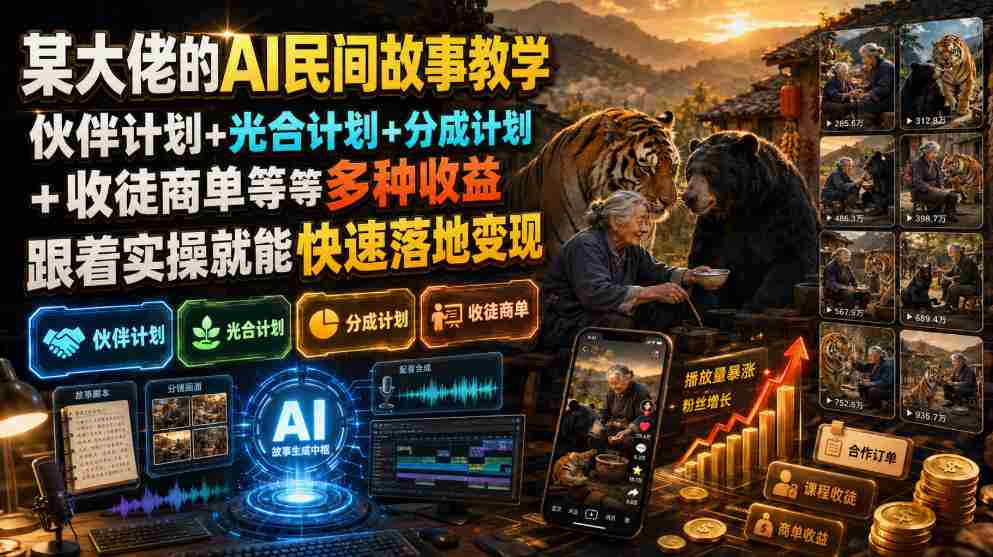 (19360期)某大佬的AI民间故事教学,伙伴计划+光合计划+分成计划+收徒商单等多种收益,跟着实操就能快速落地变现-晓懂云创