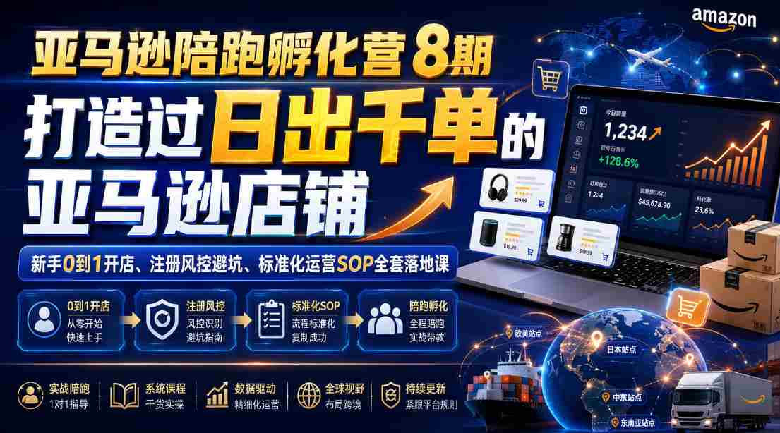 亚马逊陪跑孵化营8期,打造过日出千单的亚马逊店铺,新手0到1开店、注册风控避坑、标准化运营SOP全套落地课-晓懂云创