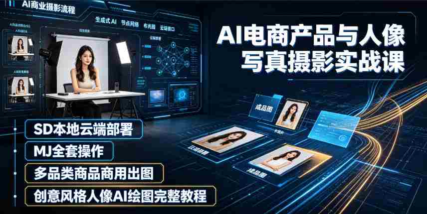 AI电商产品与人像写真摄影实战课|SD本地云端部署、MJ全套操作、多品类商品商用出图、创意风格人像AI绘图完整教程-晓懂云创