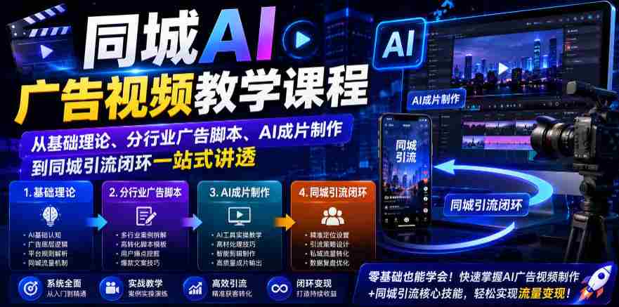 同城AI广告视频教学课程,从基础理论、分行业广告脚本、AI成片制作到同城引流闭环一站式讲透-晓懂云创