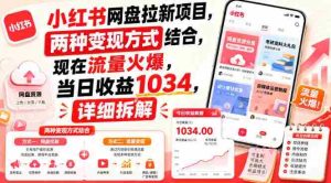 小红书网盘拉新项目,两种变现方式结合,现在流量火爆,当日收益1034,详细拆解-晓懂云创