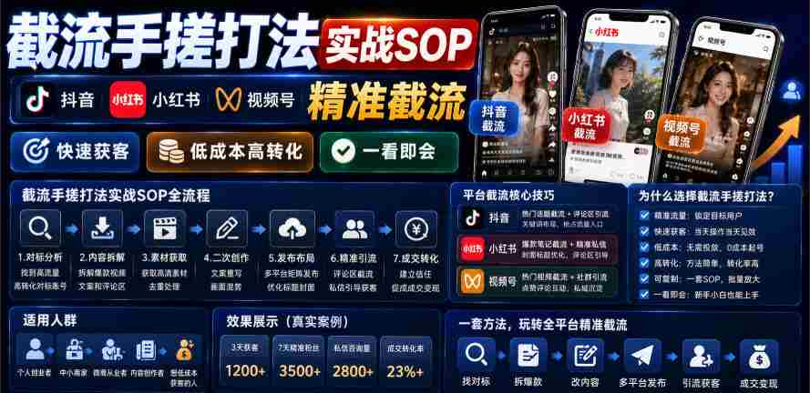 截流手搓打法实战SOP,抖音小红书视频号精准截流,快速获客,低成本高转化,一看即会-晓懂云创