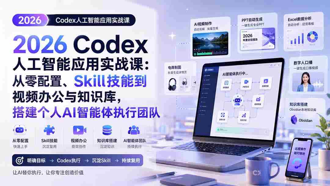 (20067期)2026 Codex人工智能应用实战课:从零配置、Skill技能到视频办公与知识库,搭建个人AI智能体执行团队-晓懂云创
