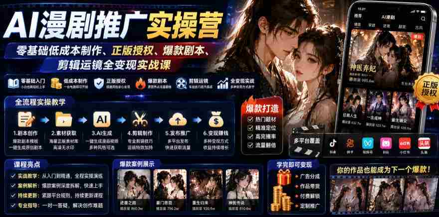AI漫剧推广实操营|零基础低成本制作、正版授权、爆款剧本、剪辑运镜全变现实战课-晓懂云创