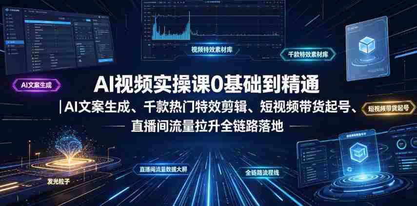 AI视频实操课0基础到精通|AI文案生成、千款热门特效剪辑、短视频带货起号、直播间流量拉升全链路落地-晓懂云创