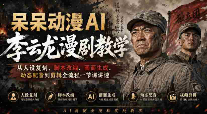 呆呆动漫AI李云龙漫剧教学,从人设复刻、脚本改编、画面生成、动态配音到剪辑全流程一节课讲透-晓懂云创