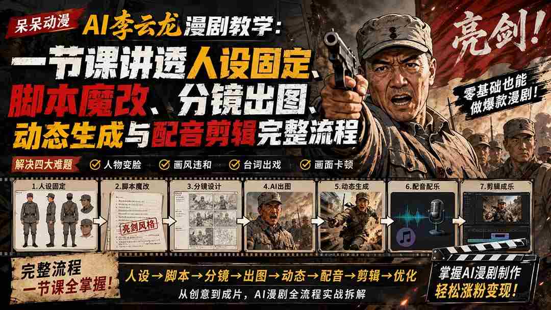 (20107期)呆呆动漫AI李云龙漫剧教学:一节课讲透人设固定、脚本魔改、分镜出图、动态生成与配音剪辑完整流程-晓懂云创