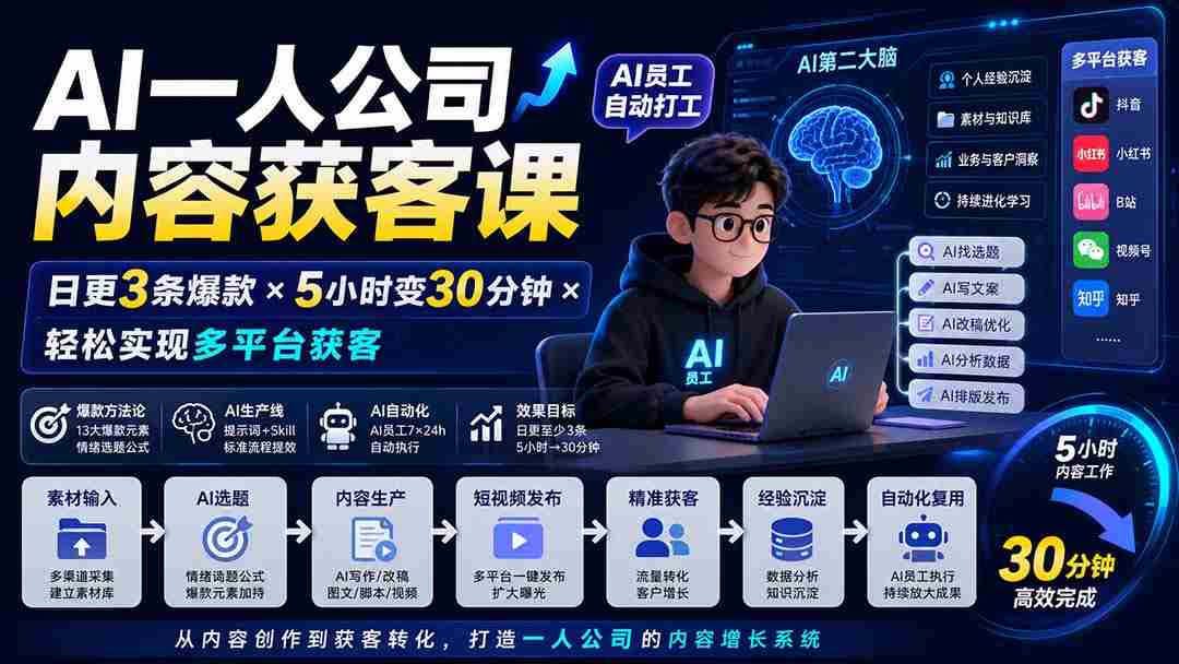 (20111期)AI一人公司内容获客课-更新8月:日更3条爆款×5小时变30分钟×AI员工自动打工,轻松实现多平台获客-晓懂云创