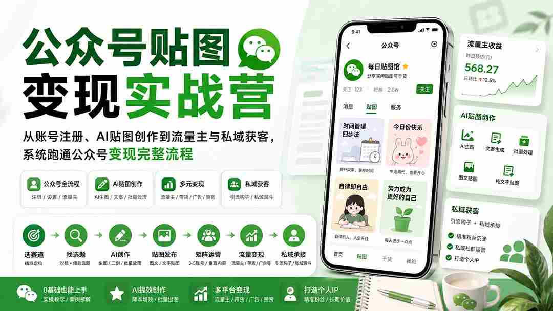 （20120期）公众号贴图变现实战营：从账号注册、AI贴图创作到流量主与私域获客，系统跑通公众号变现完整流程-晓懂云创