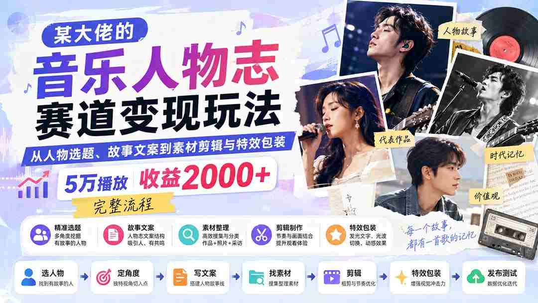 （20121期）某大佬的音乐人物志赛道变现玩法：从人物选题、故事文案到素材剪辑与特效包装，5万播放收益2000+完整流程-晓懂云创