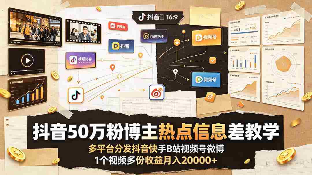 （19145期）抖音50万粉博主热点信息差教学：多平台分发抖音快手B站视频号微博，1个视频多份收益月入20000+-晓懂云创