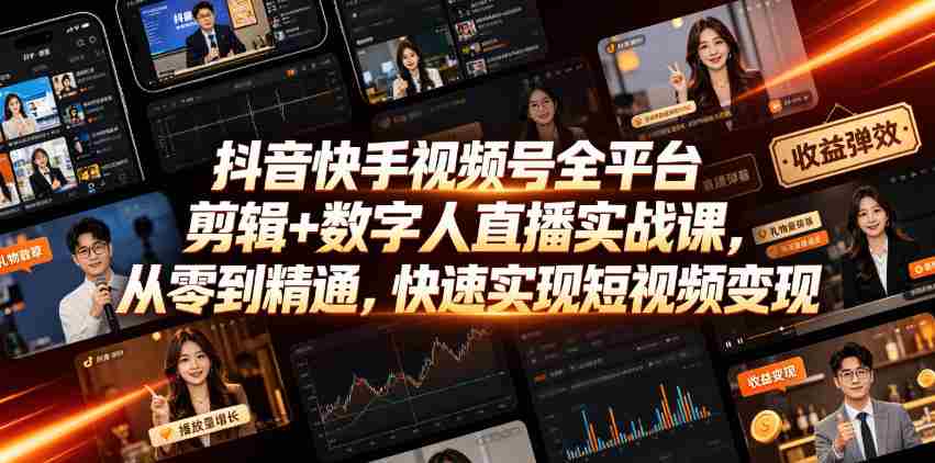 抖音快手视频号全平台剪辑+数字人直播实战课，从零到精通，快速实现短视频变现(更新2026年6月)​-晓懂云创
