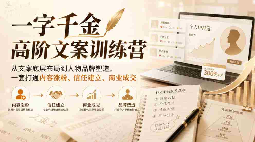 一字千金高阶文案训练营,从文案底层布局到人物品牌塑造,一套打通内容涨粉、信任建立、商业成交-晓懂云创