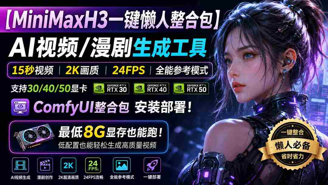 (20130期)MiniMaxH3一键懒人整合包:AI视频/漫剧生成工具,15秒视频_2K画质_24FPS_全能模式,支持30_40_50显卡,8g显存也能跑-晓懂云创