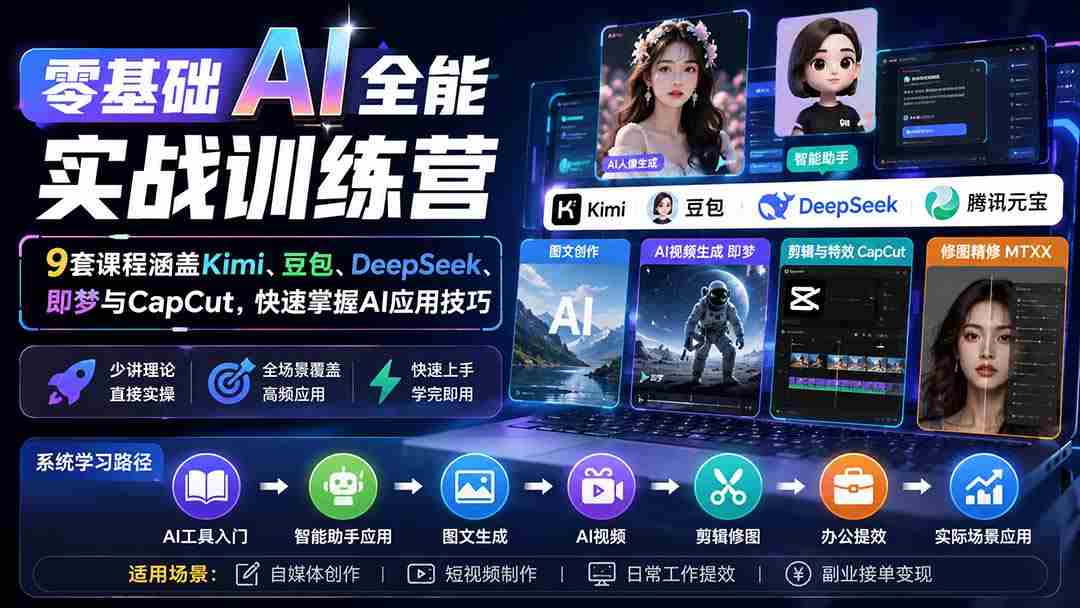 (20134期)零基础AI全能实战训练营:9套课程涵盖Kimi、豆包、DeepSeek、即梦与CapCut,快速掌握AI应用技巧-晓懂云创