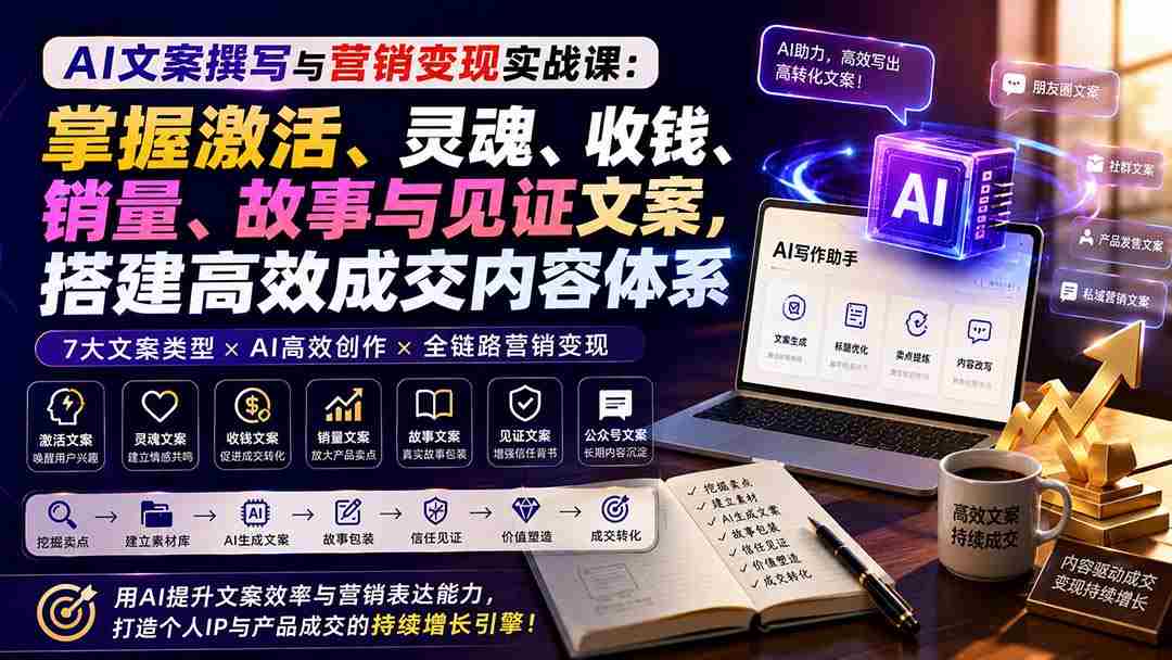 (20126期)AI文案撰写与营销变现实战课:掌握激活、灵魂、收钱、销量、故事与见证文案,搭建高效成交内容体系-晓懂云创