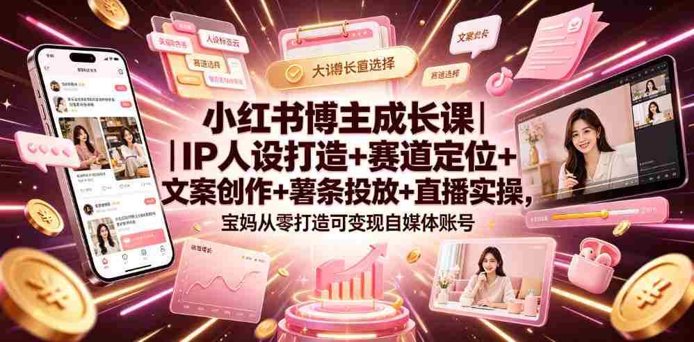 小红书博主成长课｜IP人设打造+赛道定位+文案创作+薯条投放+直播实操，宝妈从零打造可变现自媒体账号-晓懂云创