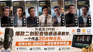 外面卖299的爆款二创配音情感语录教学,一个作品20分钟左右,伙伴计划+剪映拉新+收徒等多种收益-晓懂云创