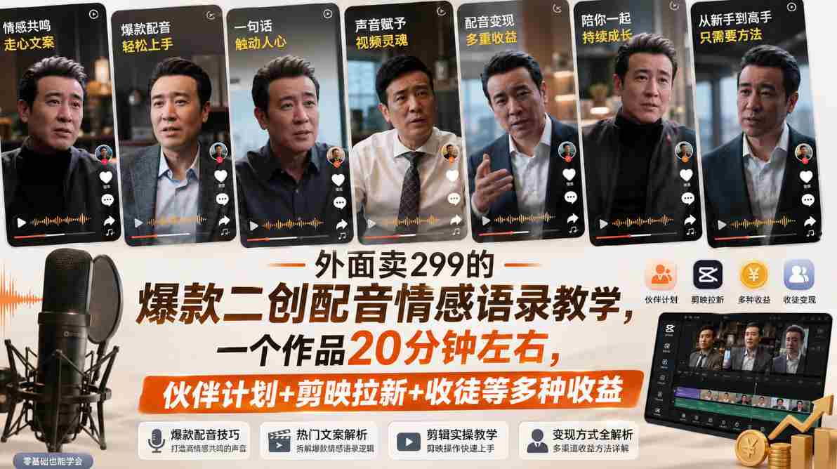 外面卖299的爆款二创配音情感语录教学,一个作品20分钟左右,伙伴计划+剪映拉新+收徒等多种收益-晓懂云创
