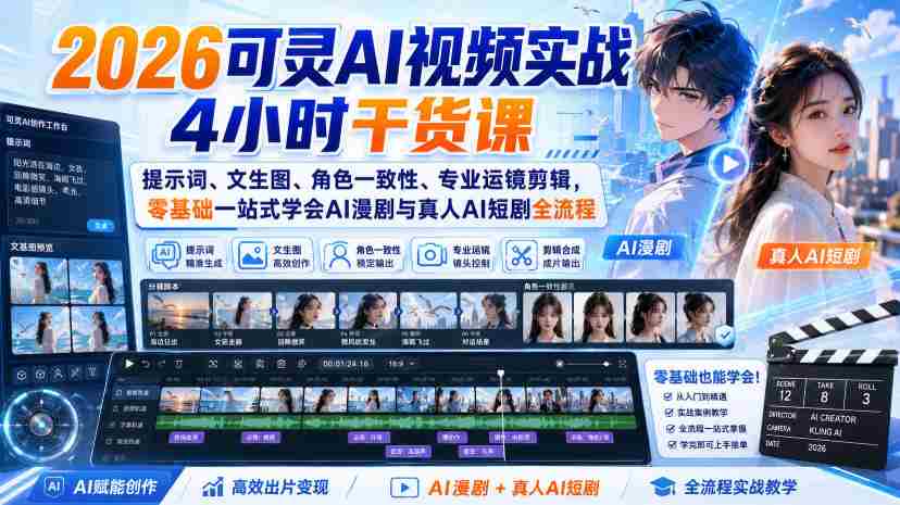 2026可灵AI视频实战4小时干货课|提示词、文生图、角色一致性、专业运镜剪辑,零基础一站式学会AI漫剧与真人AI短剧全流程-晓懂云创