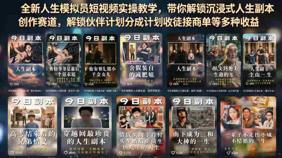 全新人生模拟员短视频实操教学,带你解锁沉浸式人生副本创作赛道,解锁伙伴计划分成计划收徒接商单等多种收益-晓懂云创