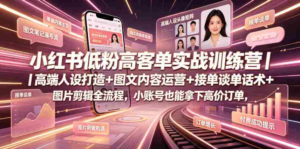 小红书低粉高客单实战训练营|高端人设打造+图文内容运营+接单谈单话术+图片剪辑全流程,小账号也能拿下高价订单-晓懂云创
