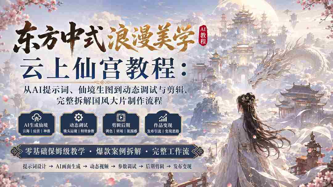(20147期)东方中式浪漫美学云上仙宫教程:从AI提示词、仙境生图到动态调试与剪辑,完整拆解国风大片制作流程-晓懂云创