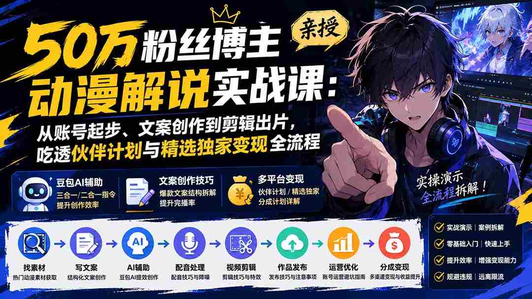 (20144期)50万粉丝博主亲授动漫解说实战课:从账号起步、文案创作到剪辑出片,吃透伙伴计划与精选独家变现全流程-晓懂云创