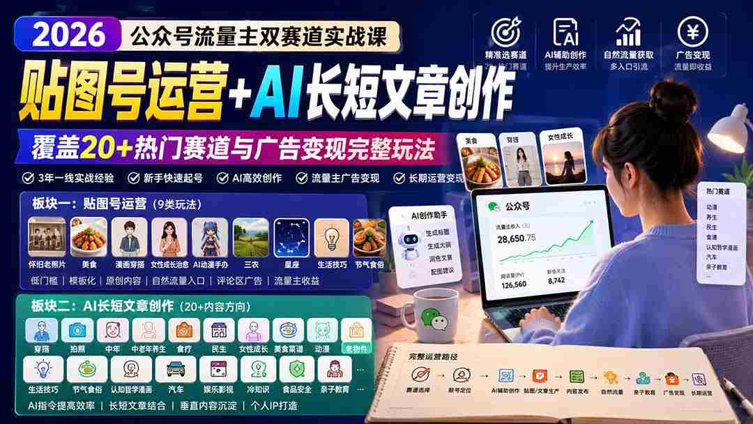 (20153期)公众号流量主双赛道实战课:贴图号运营+AI长短文章创作,覆盖20+热门赛道与广告变现完整玩法-晓懂云创