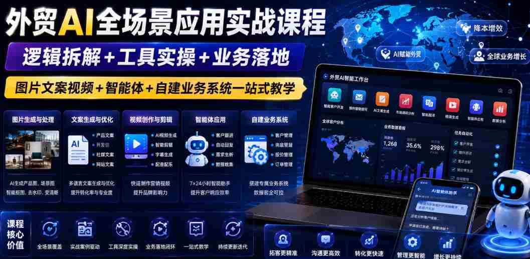 外贸AI全场景应用实战课程|逻辑拆解+工具实操+业务落地,图片文案视频+智能体+自建业务系统一站式教学-晓懂云创