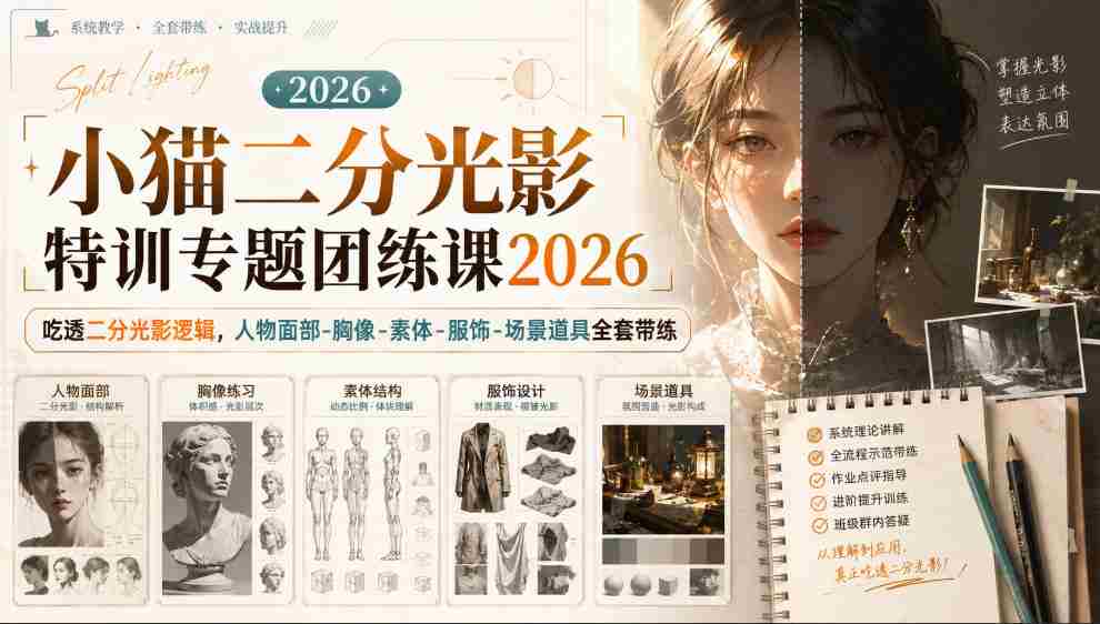 小猫二分光影特训专题团练课2026|吃透二分光影逻辑,人物面部‑胸像‑素体‑服饰‑场景道具全套带练,高清画质附赠课件与笔刷-晓懂云创