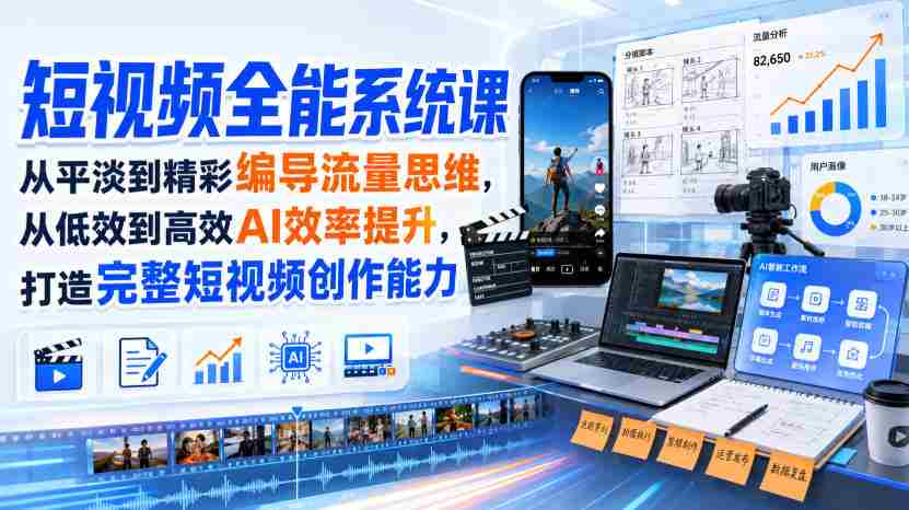 短视频全能系统课,从平淡到精彩编导流量思维,从低效到高效AI效率提升,打造完整短视频创作能力(2026年8月30更新233集)-晓懂云创