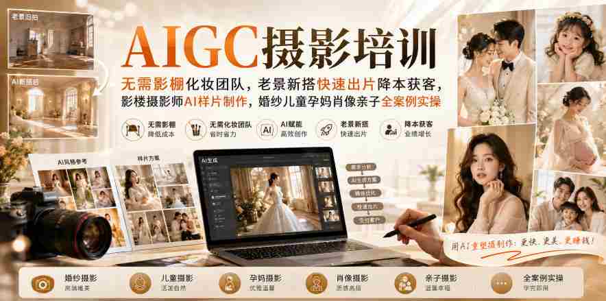 AIGC摄影培训｜无需影棚化妆团队，老景新搭快速出片降本获客，影楼摄影师AI样片制作，婚纱儿童孕妈肖像亲子全案例实操-晓懂云创
