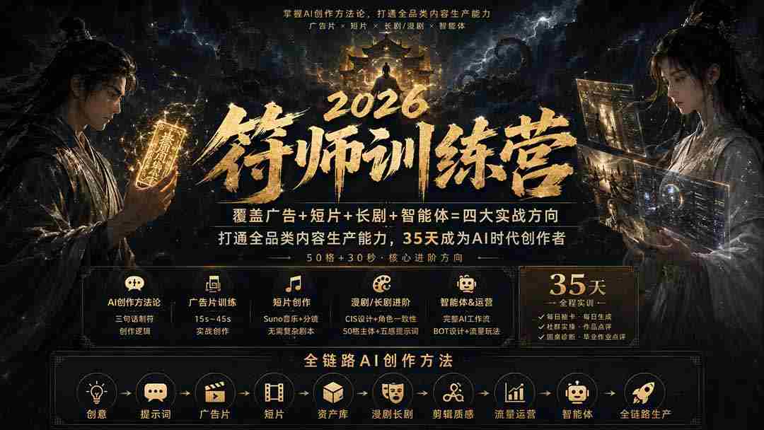 （20186期）符师训练营-35天成为AI时代创作者，广告+短片+长剧+智能体四大实战方向，掌握从创意到上线的完整工作流-晓懂云创