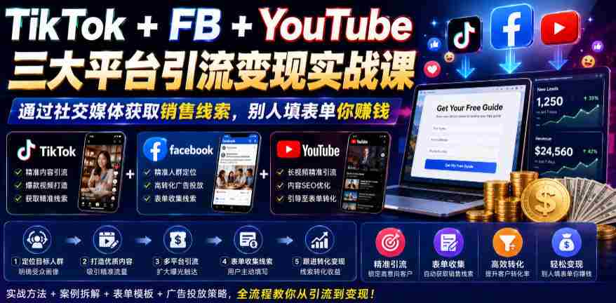 TikTok+FB+YouTube三大平台引流变现实战课,通过社交媒体获取销售线索,别人填表单你賺钱【原创双语字幕】-晓懂云创