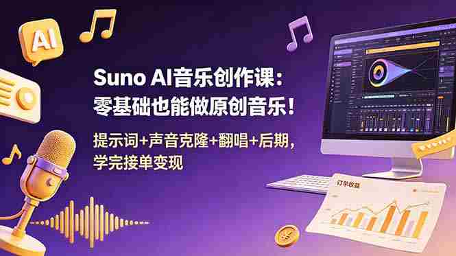 （18945期） Suno AI音乐创作课：零基础也能做原创音乐！提示词+声音克隆+翻唱+后期，学完接单变现-晓懂云创