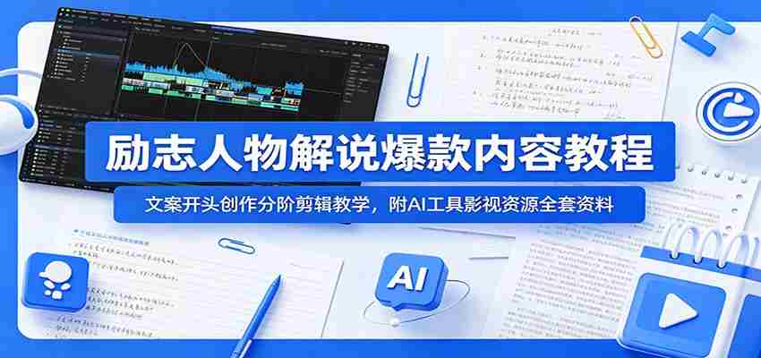 励志人物解说爆款内容教程：文案开头创作分阶剪辑教学，附AI 工具影视资源全套资料-晓懂云创