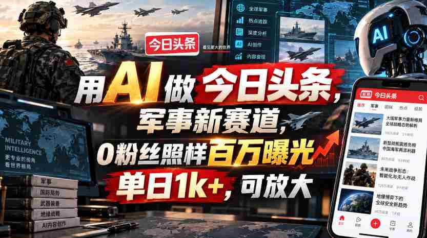 用AI做今日头条，军事新赛道，0粉丝照样百万曝光，单日1k+，可放大-晓懂云创
