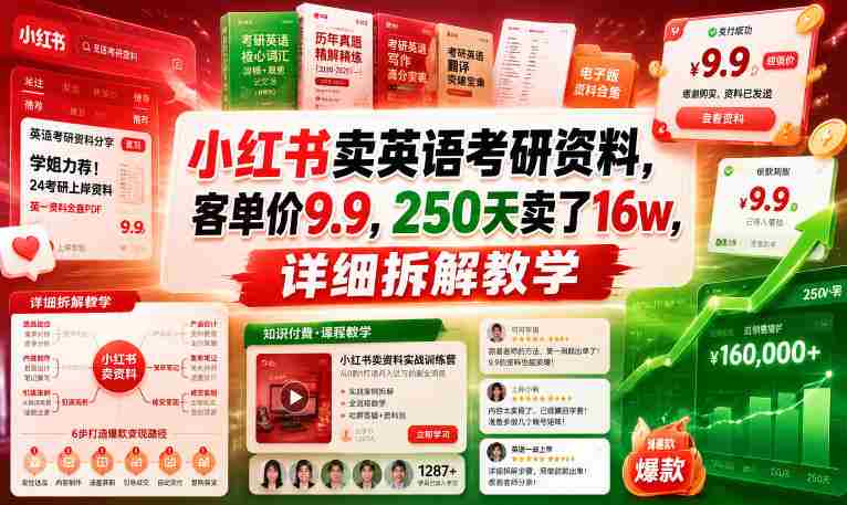小红书卖英语考研资料,客单价9.9,250天卖了16w,详细拆解教学-晓懂云创