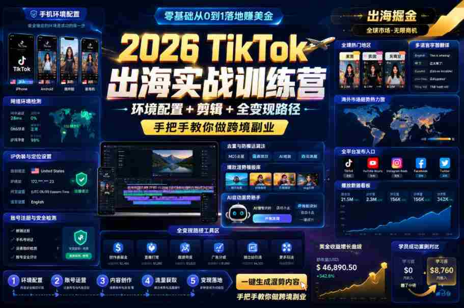2026 TikTok出海实战训练营，环境配置 + 剪辑 + 全变现路径，手把手教你做跨境副业-晓懂云创