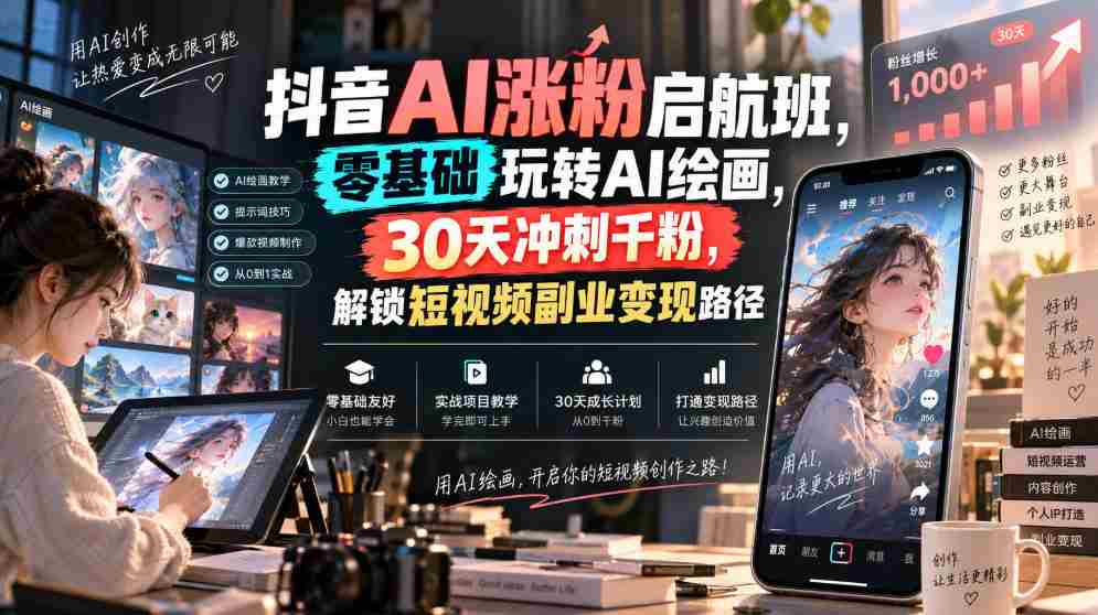 抖音AI涨粉启航班,零基础玩转AI绘画,30天冲刺千粉,解锁短视频副业变现路径-晓懂云创