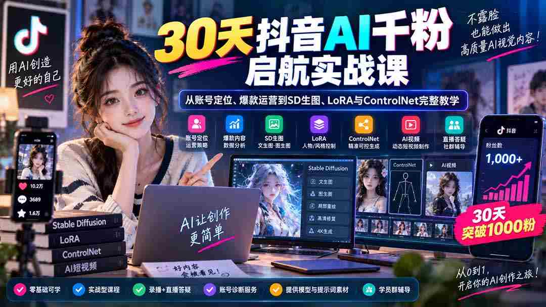（20291期）30天抖音AI千粉启航实战课：从账号定位、爆款运营到SD生图、LoRA与ControlNet完整教学-晓懂云创