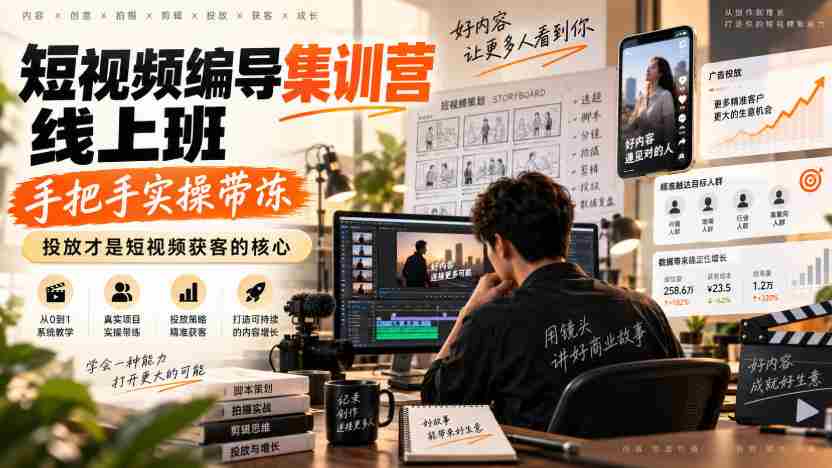 短视频编导集训营线上班,手把手实操带冻,投放才是短视频获客的核心-晓懂云创