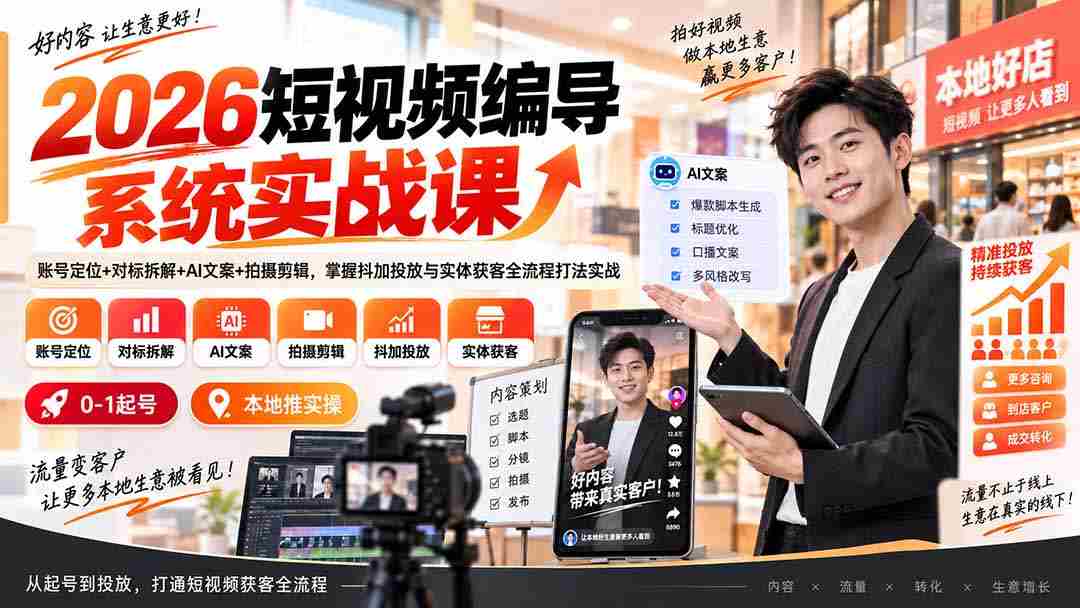 (20305期)2026短视频编导系统实战课:账号定位+对标拆解+AI文案+拍摄剪辑,掌握抖加投放与实体获客全流程打法实战-晓懂云创