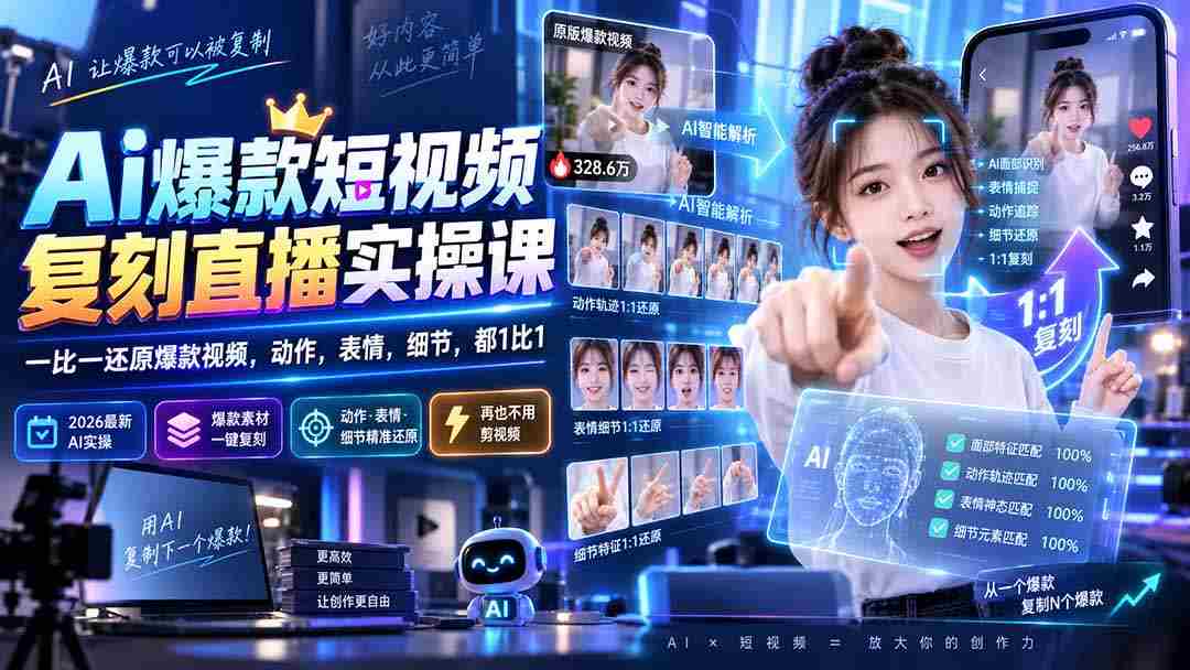 (20304期)最新Ai爆款短视频复刻直播实操课,一比一还原爆款视频,动作,表情,细节,都1比1-晓懂云创