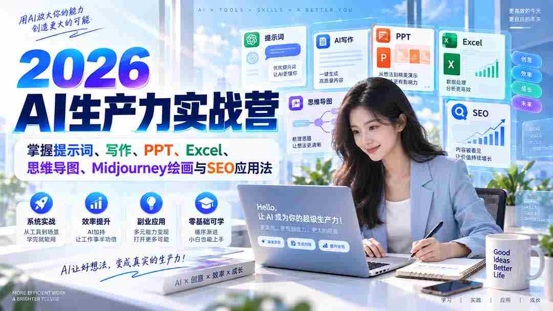 (20307期)2026AI生产力实战营:掌握提示词、写作、PPT、Excel、思维导图、Midjourney绘画与SEO应用法-晓懂云创