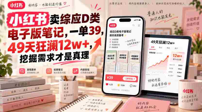 小红书卖综应D类电子版笔记,一单39,49天狂澜12w+,挖掘需求才是真理-晓懂云创