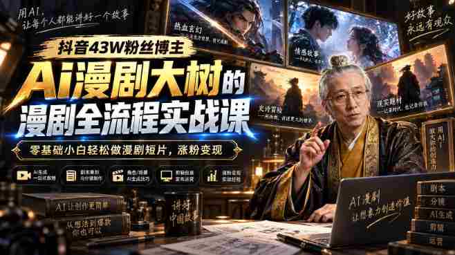 抖音43W粉丝博主Ai漫剧大树的漫剧制作全流程实战课，零基础小白轻松做漫剧短片，涨粉变现-晓懂云创