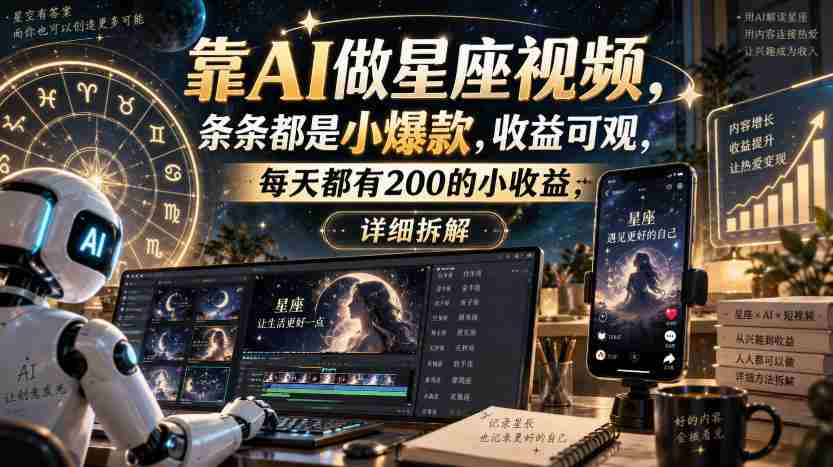 靠AI做星座视频,条条都是小爆款,收益可观,每天都有200的小收益,详细拆解-晓懂云创