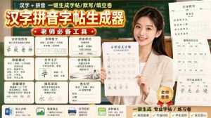 学习神器,汉字拼音字帖生成器,汉字+拼音 一键生成字帖/默写/填空卷,支持词组、成语,老师、家长必备-晓懂云创